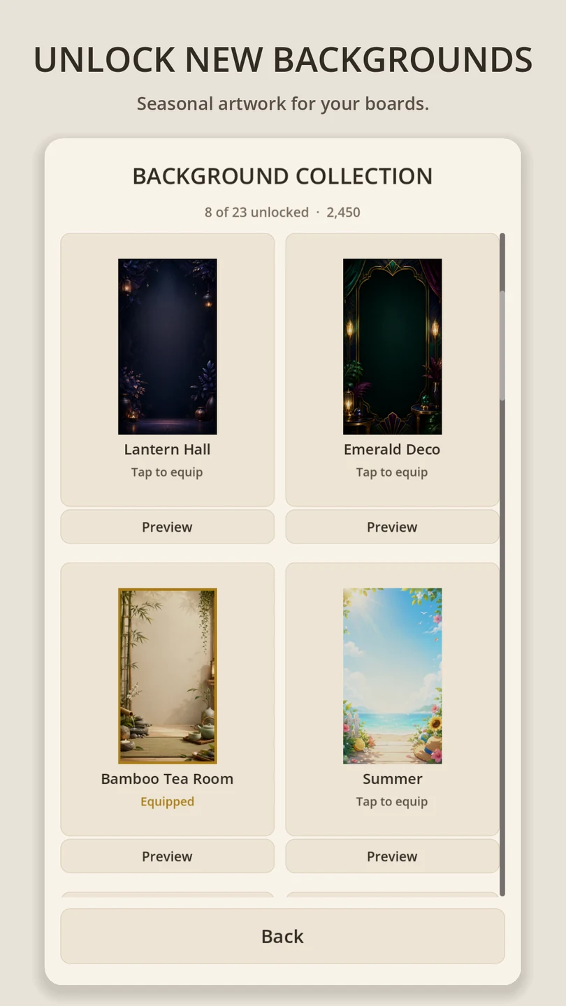 The Background Collection screen, showing unlocked board backgrounds alongside ones still to earn.