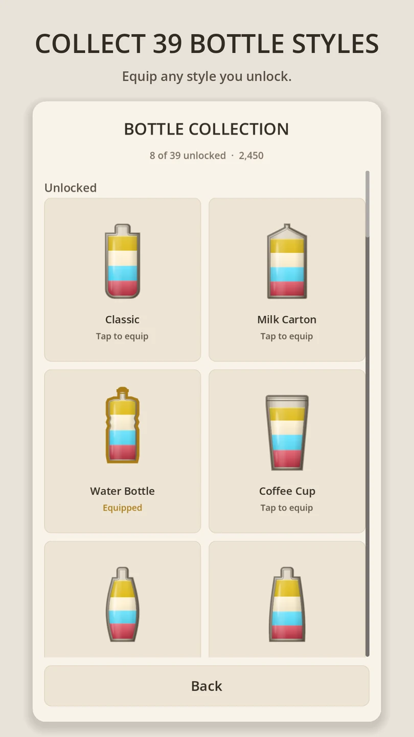 The Bottle Collection screen, showing unlocked bottle styles and the style currently equipped.