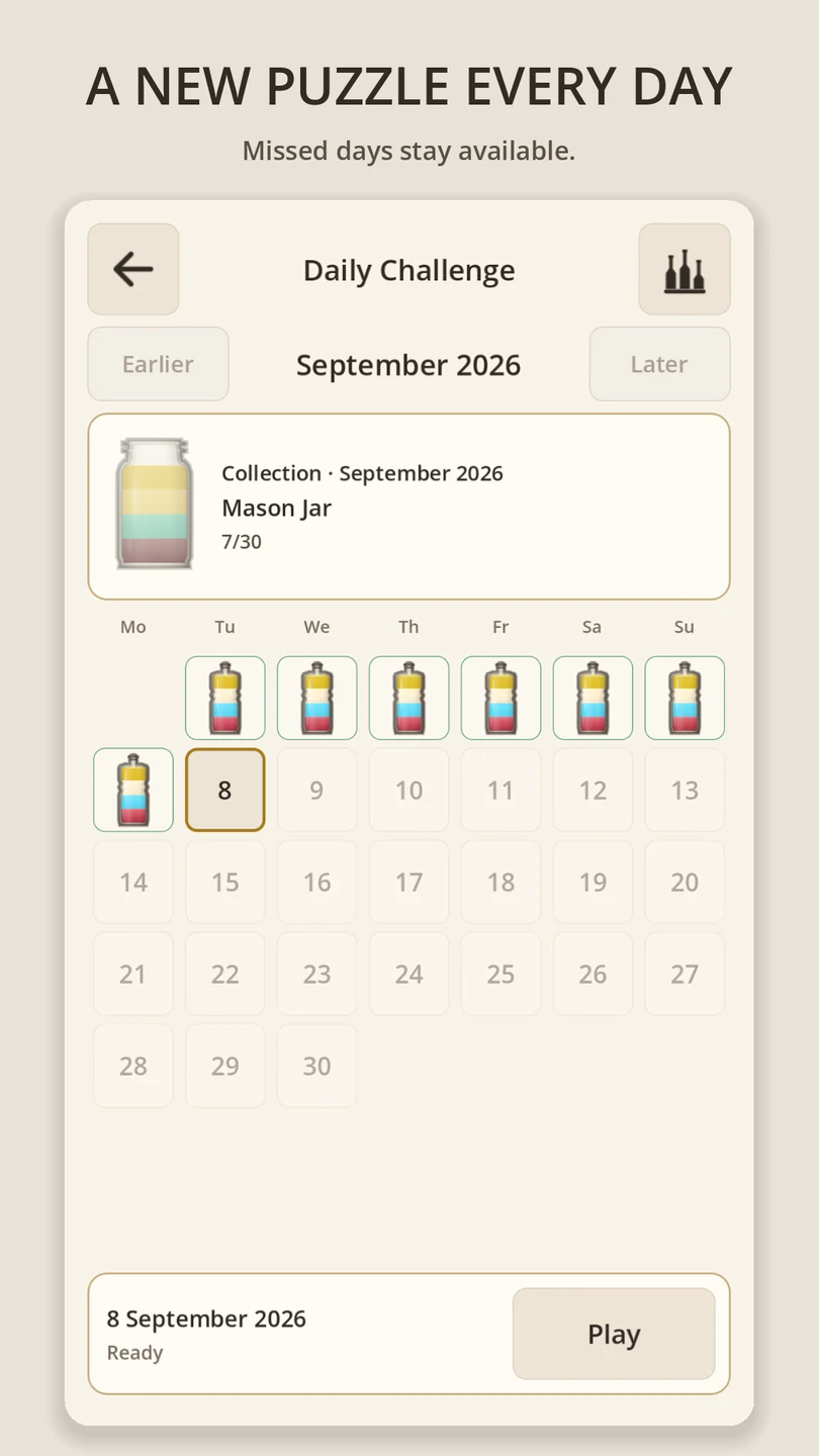 The Daily Challenge calendar for a month, with completed days marked and earlier days still available to play.