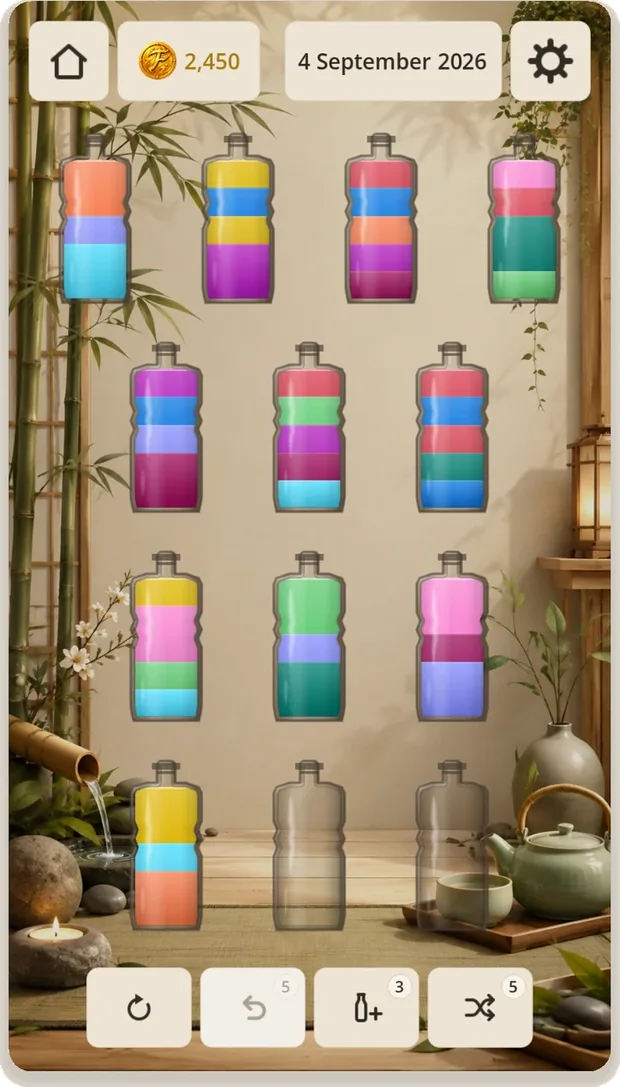 A Daily Challenge for 4 September set against a bamboo garden background, with eleven bottles left to sort.