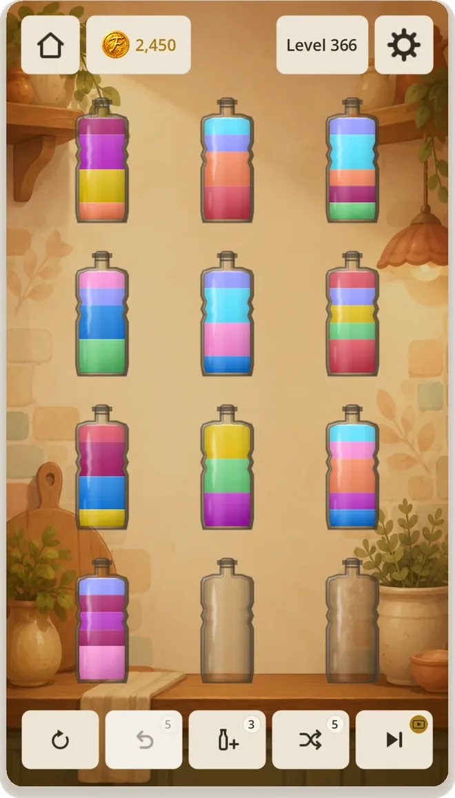 Endless Color Sort in play: twelve bottles of layered colour on a kitchen shelf, part-way through level 366.