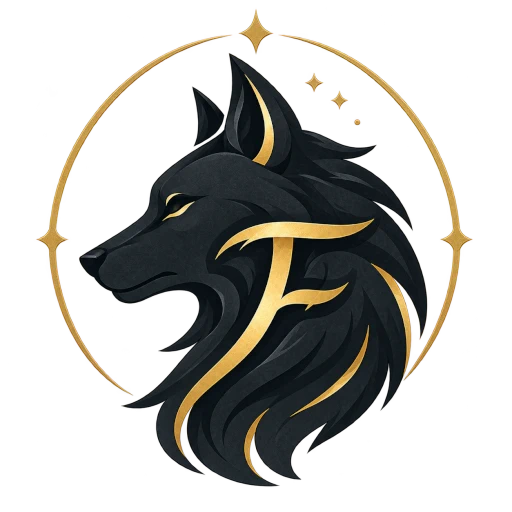 The Faelan Games mark: a black wolf with a gold F, inside a gold ring of stars.